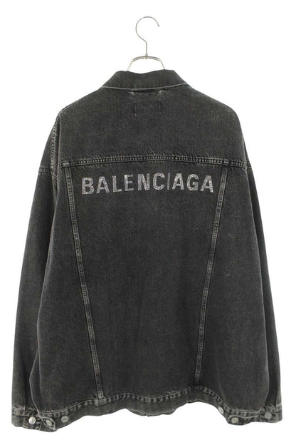Balenciaga Rhinestone Logo Oversized Denim Jacket Black Size 2