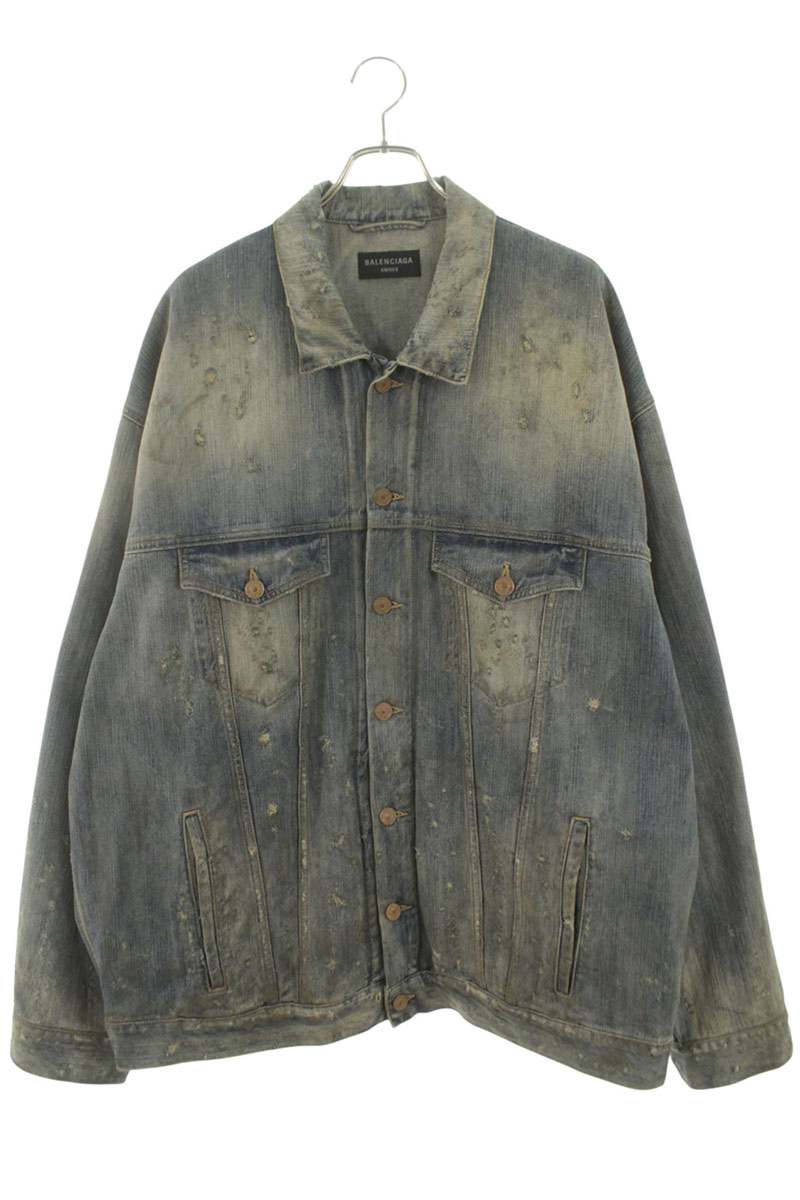 BALENCIAGA Back Rhinestone Logo Distressed Denim Jkt Size S
