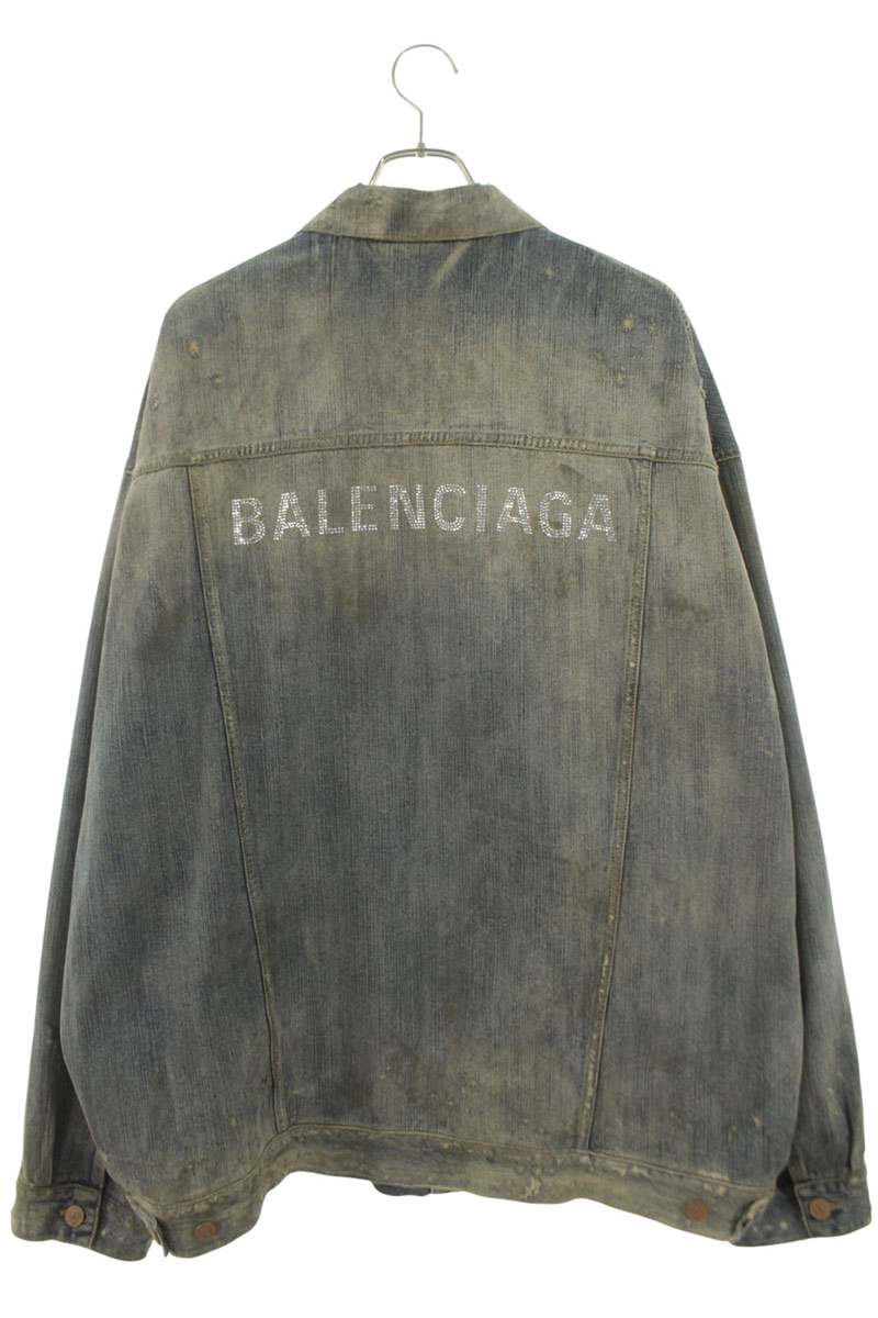 BALENCIAGA Back Rhinestone Logo Distressed Denim Jkt Size S