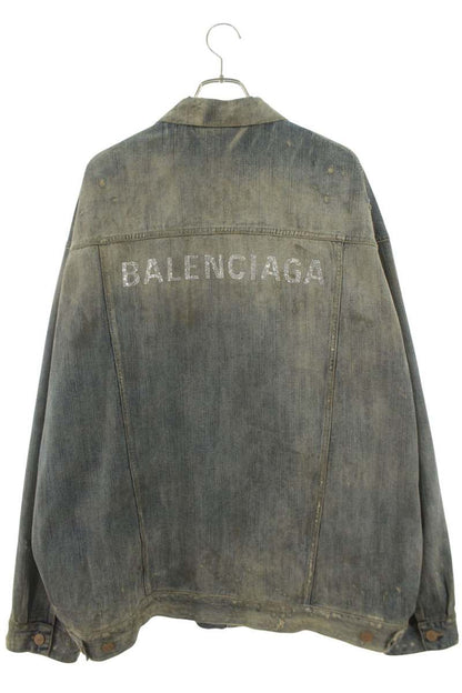 BALENCIAGA Back Rhinestone Logo Distressed Denim Jkt Size S