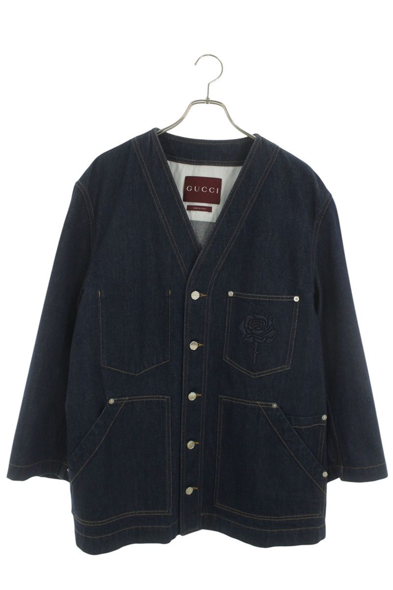 GUCCI Rose Embroidered Coverall Collarless Denim Jkt Size L