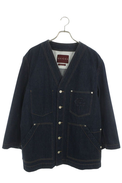 GUCCI Rose Embroidered Coverall Collarless Denim Jkt Size L