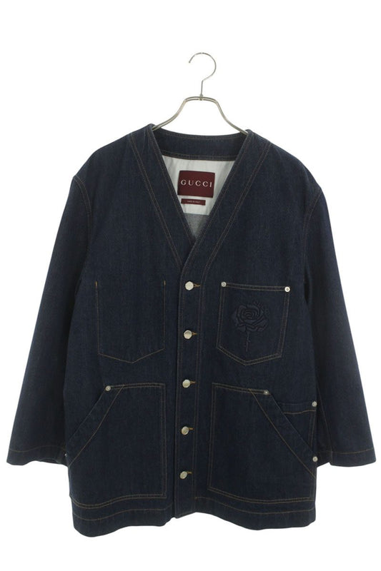 GUCCI Rose Embroidered Coverall Collarless Denim Jkt Size L