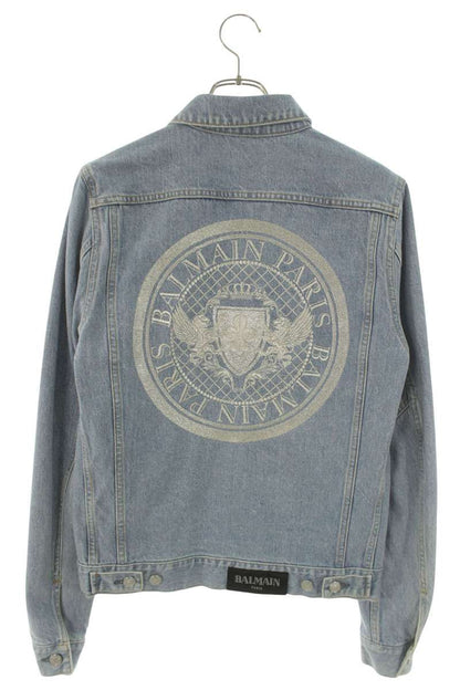BALMAIN Back Embroidered Denim Jacket Light Blue Size S