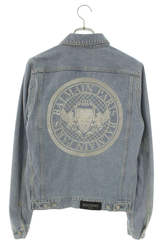 BALMAIN Back Embroidered Denim Jacket Light Blue Size S