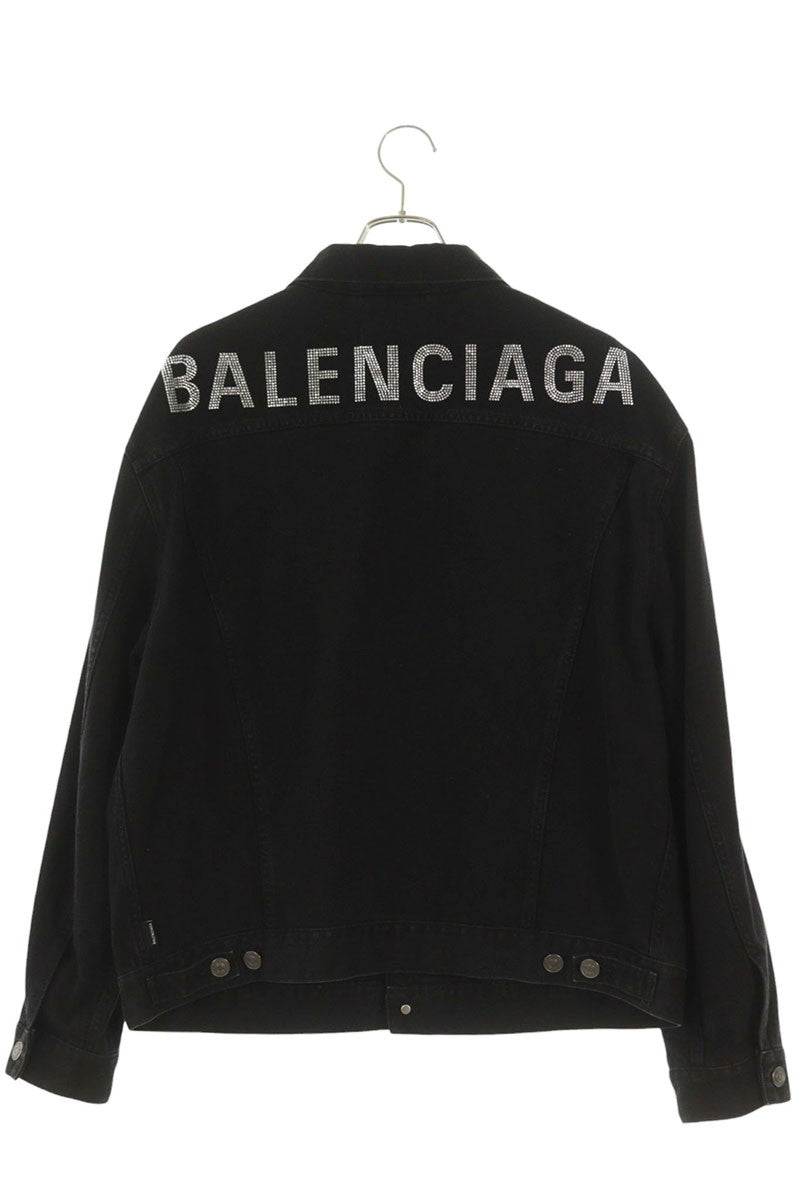 BALENCIAGA Rhinestone Back Logo Denim Jacket Black Size XL