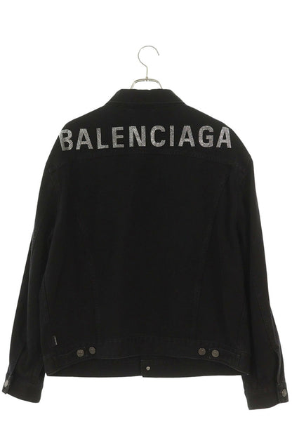 BALENCIAGA Rhinestone Back Logo Denim Jacket Black Size XL