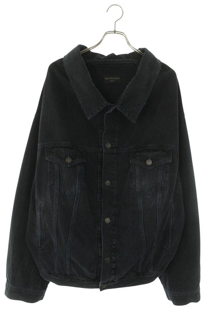 BALENCIAGA Off-Shoulder Distressed Denim Jacket Black Size L
