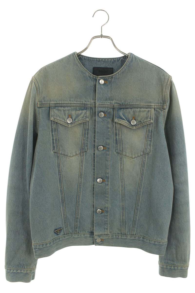 PRADA No Collar Washed Denim Jacket Blue Size L