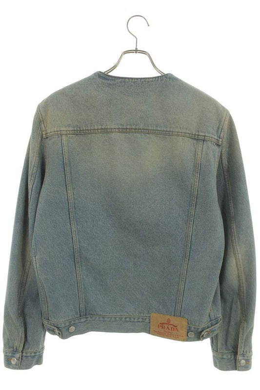 PRADA No Collar Washed Denim Jacket Blue Size L