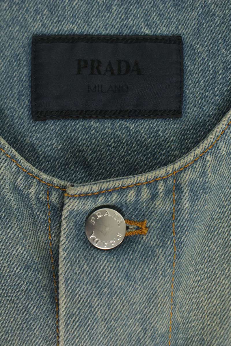 PRADA No Collar Washed Denim Jacket Blue Size L