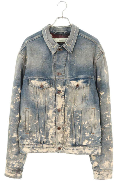 OFF-WHITE Check Lined Distressed Paint Denim Jacket Size M