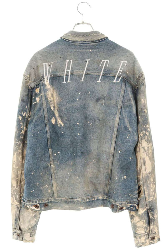OFF-WHITE Check Lined Distressed Paint Denim Jacket Size M