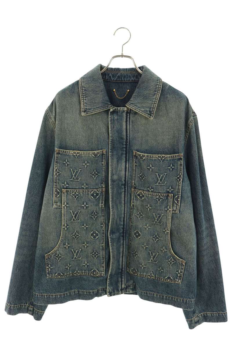 LOUISVUITTON Embossed Monogram Zip-Up Denim Jacket Size 52
