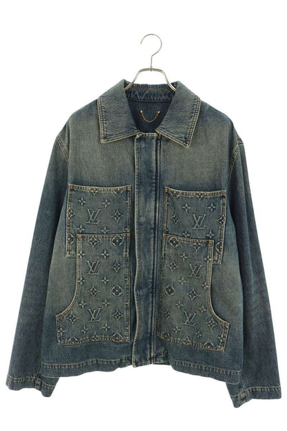 LOUISVUITTON Embossed Monogram Zip-Up Denim Jacket Size 52