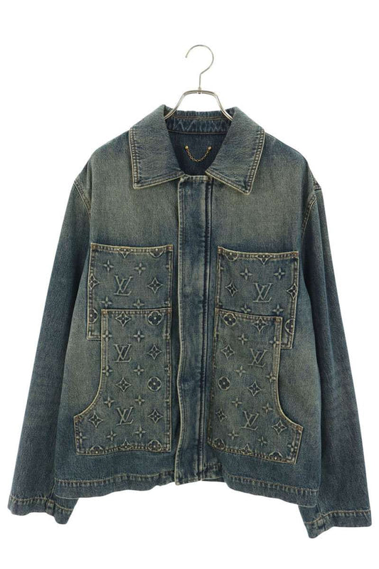 LOUISVUITTON Embossed Monogram Zip-Up Denim Jacket Size 52