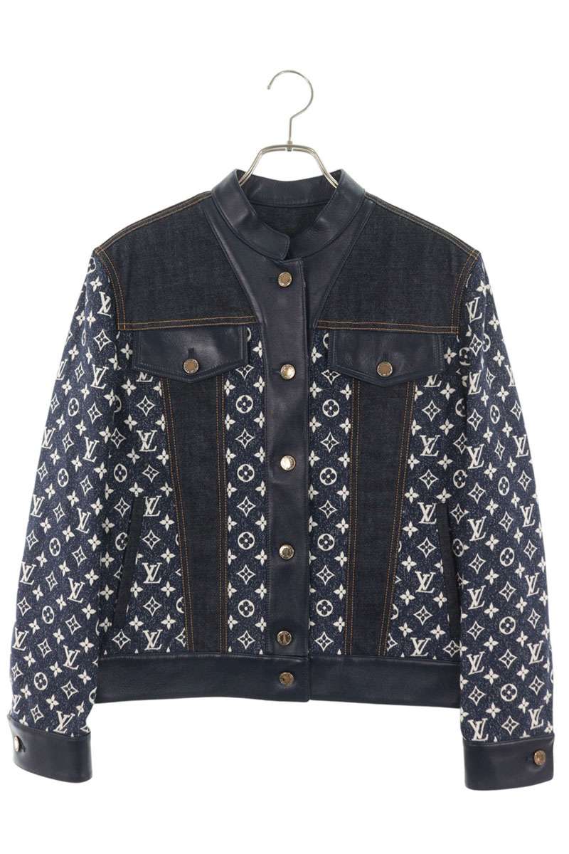 LOUISVUITTON Monogram Leather Trim Denim Navy White Jacket Size M