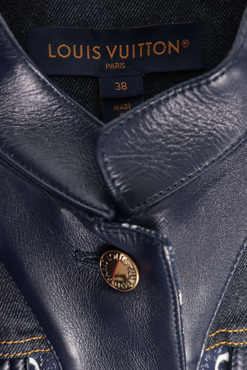 LOUISVUITTON Monogram Leather Trim Denim Navy White Jacket Size M