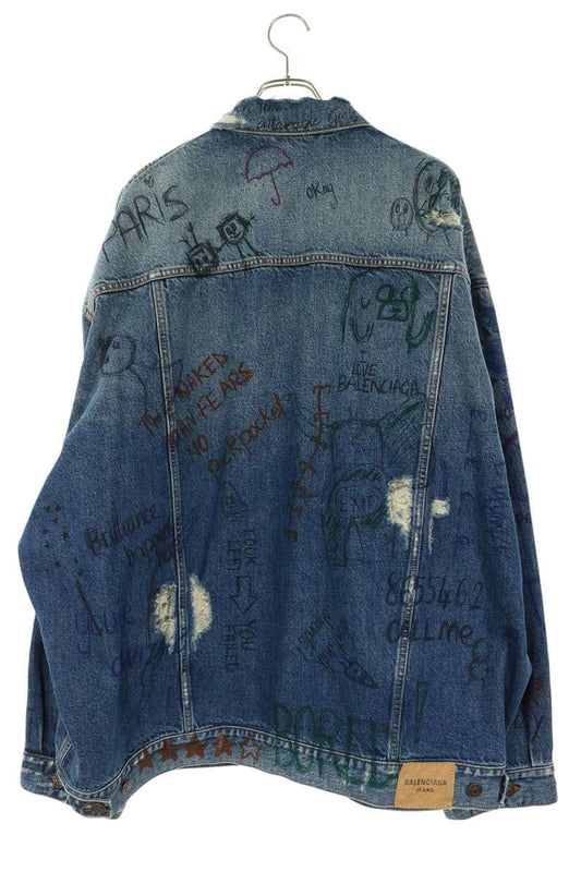BALENCIAGA 22SS Distressed Graffiti Denim Jacket Size 3