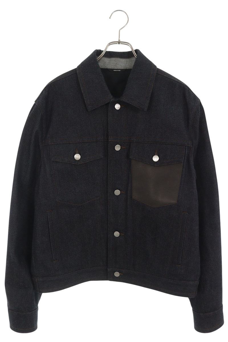 HERMES Leather Detail Button Fly Denim Indigo Black Jacket Size 52