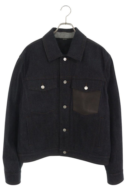 HERMES Leather Detail Button Fly Denim Indigo Black Jacket Size 52