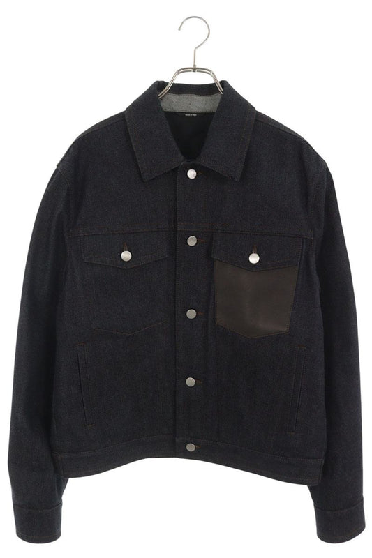 HERMES Leather Detail Button Fly Denim Indigo Black Jacket Size 52