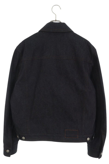 HERMES Leather Detail Button Fly Denim Indigo Black Jacket Size 52
