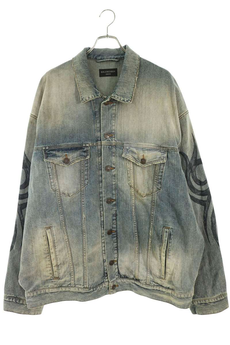 BALENCIAGA Y2K Tribal Sleeve Denim Jacket Blue Size 2