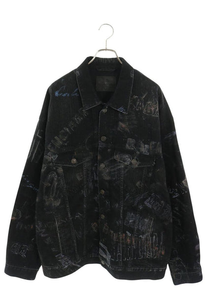 BALENCIAGA Graphic Print Oversized Denim Jacket Black Size S