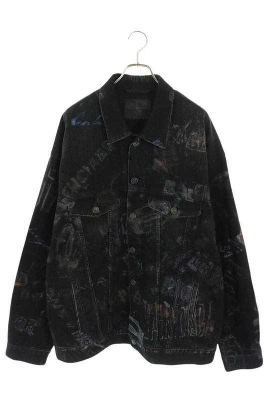 BALENCIAGA Graphic Print Oversized Denim Jacket Black Size S