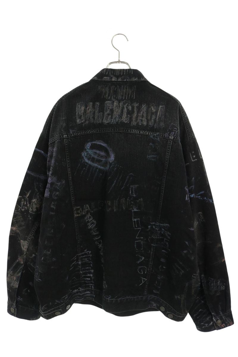 BALENCIAGA Graphic Print Oversized Denim Jacket Black Size S