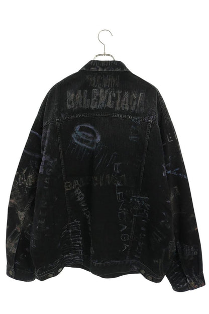 BALENCIAGA Graphic Print Oversized Denim Jacket Black Size S