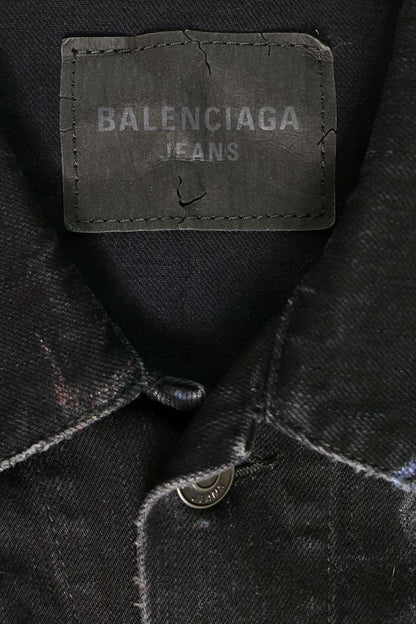 BALENCIAGA Graphic Print Oversized Denim Jacket Black Size S