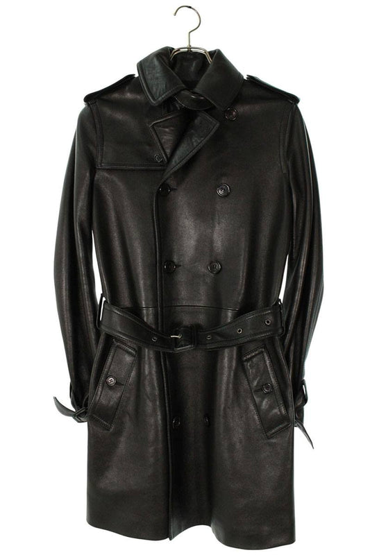 SAINT LAURENT PARIS Black Belted Leather Trench Coat Size 42