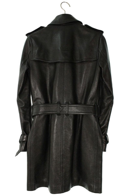 SAINT LAURENT PARIS Black Belted Leather Trench Coat Size 42