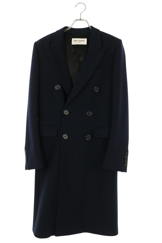 SAINT LAURENT PARIS Double Breasted Wool Coat Navy Size 44