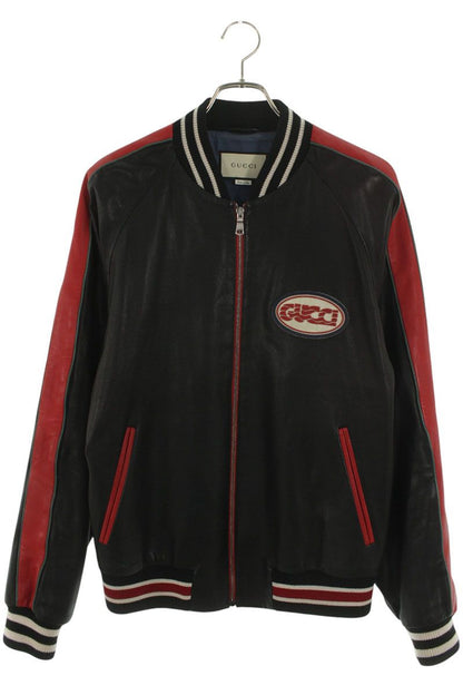 GUCCI Logo Patch Varsity Leather Jacket Black/Red Size M