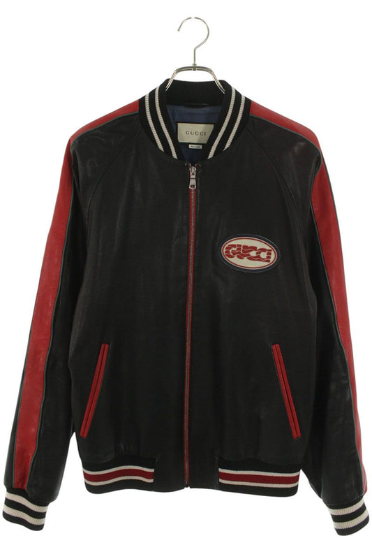 GUCCI Logo Patch Varsity Leather Jacket Black/Red Size M