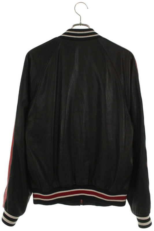 GUCCI Logo Patch Varsity Leather Jacket Black/Red Size M