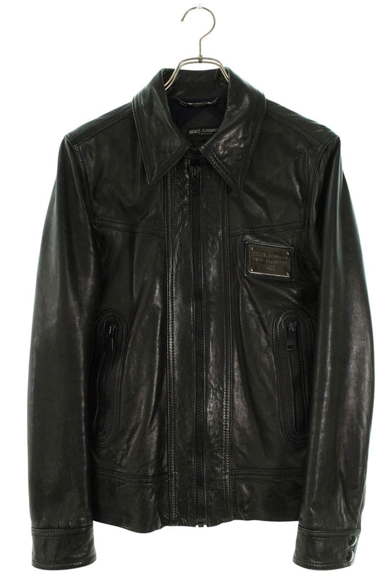DOLCE & GABBANA Lamb Leather Logo Plate Jacket Black Size S