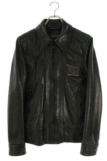 DOLCE & GABBANA Lamb Leather Logo Plate Jacket Black Size S