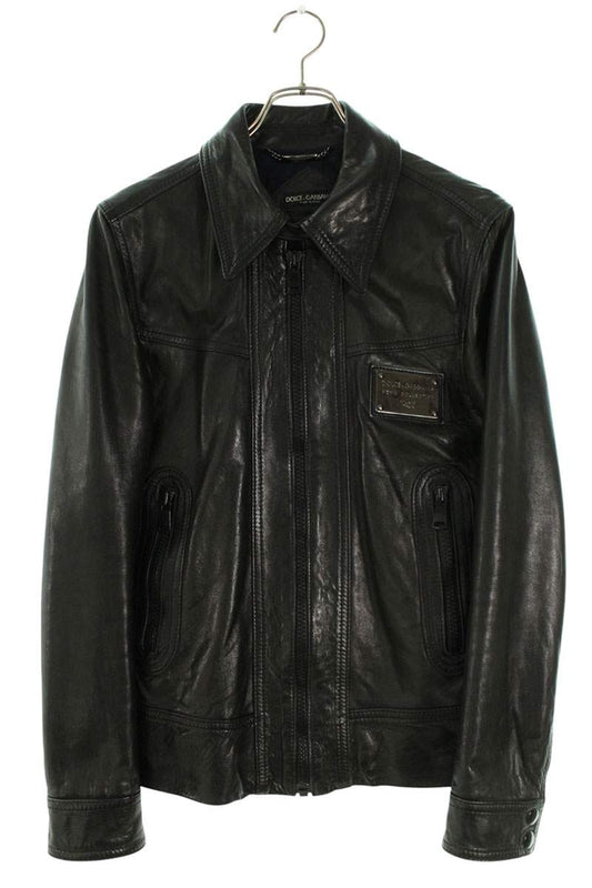 DOLCE & GABBANA Lamb Leather Logo Plate Jacket Black Size S