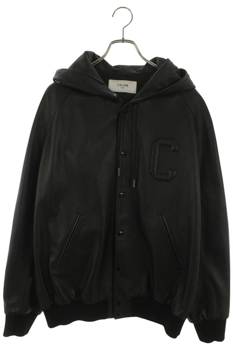 CELINE Black Grain Lambskin Hooded Leather Jacket Size XL