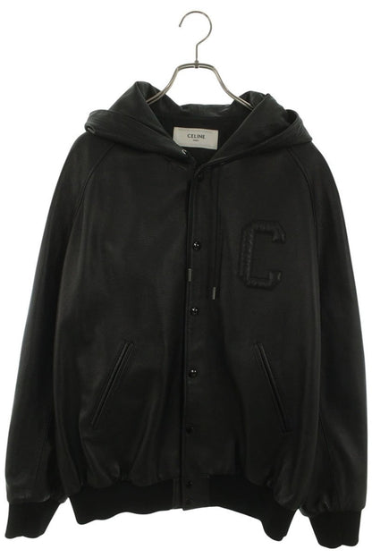 CELINE Black Grain Lambskin Hooded Leather Jacket Size XL