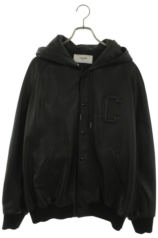 CELINE Black Grain Lambskin Hooded Leather Jacket Size XL