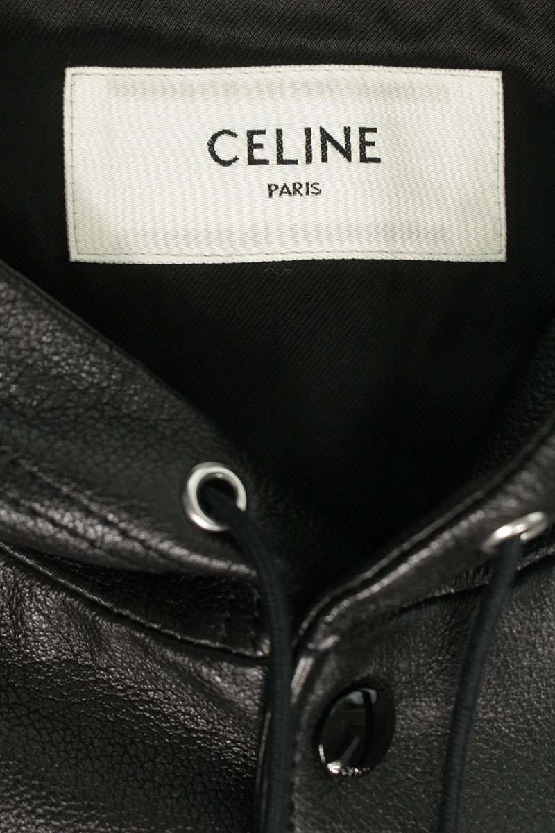 CELINE Black Grain Lambskin Hooded Leather Jacket Size XL