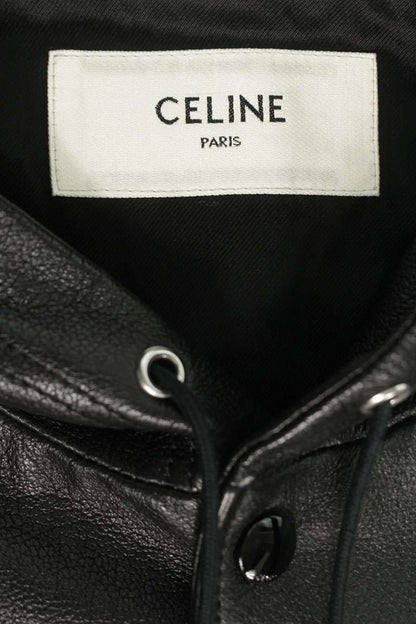 CELINE Black Grain Lambskin Hooded Leather Jacket Size XL