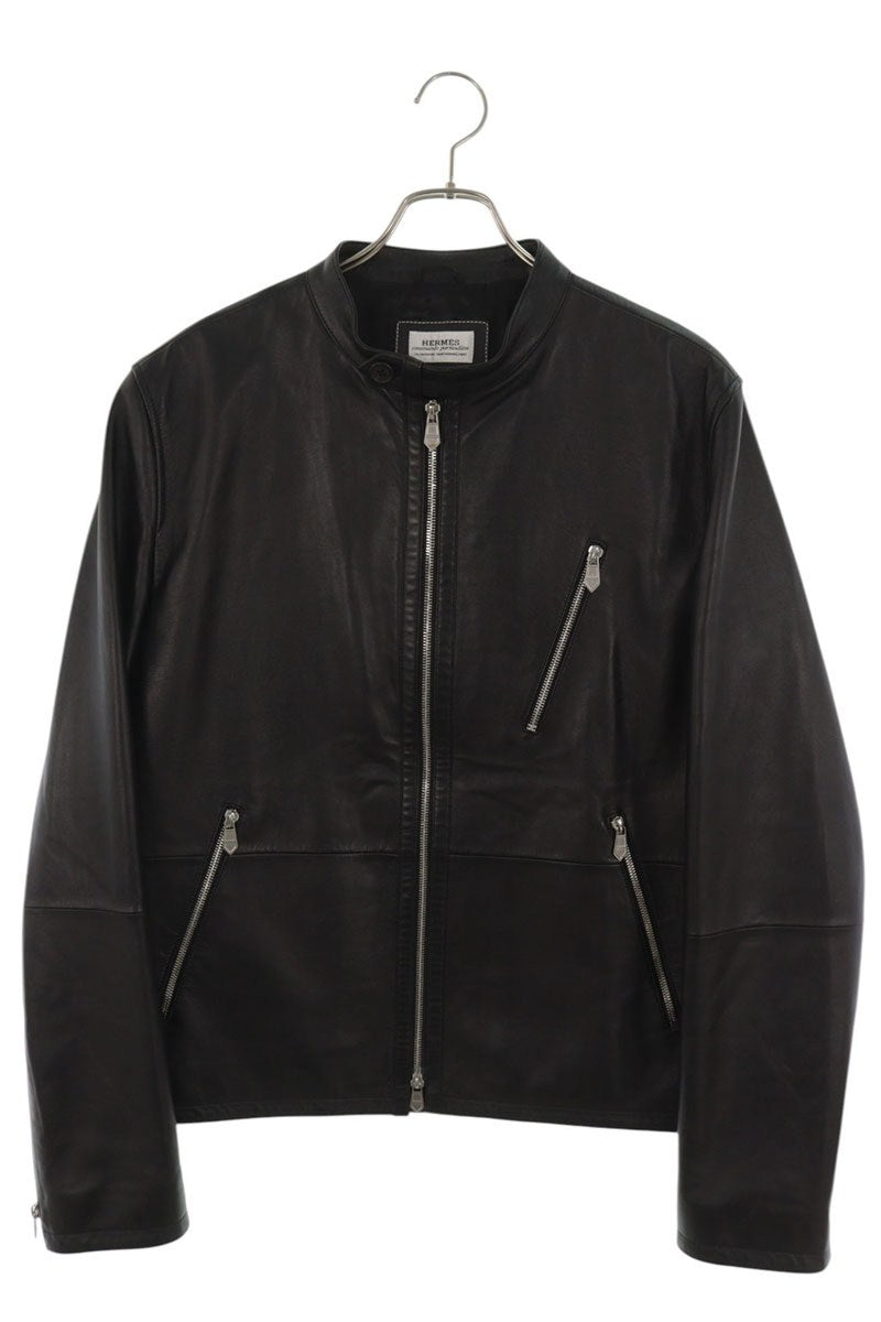 HERMES Stand Collar Lambskin Leather Jacket Black Size 52