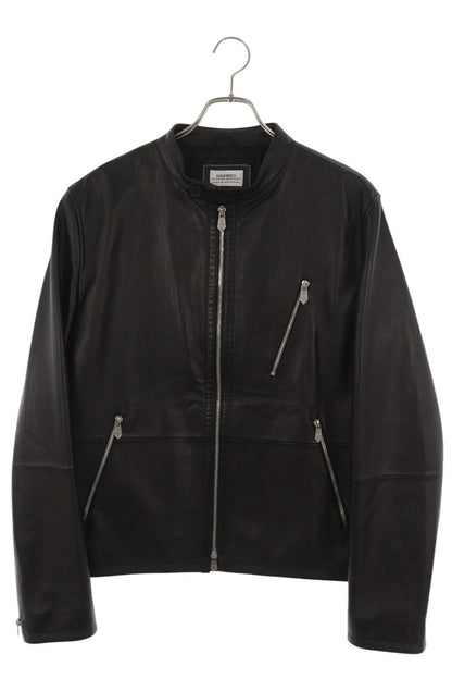 HERMES Stand Collar Lambskin Leather Jacket Black Size 52