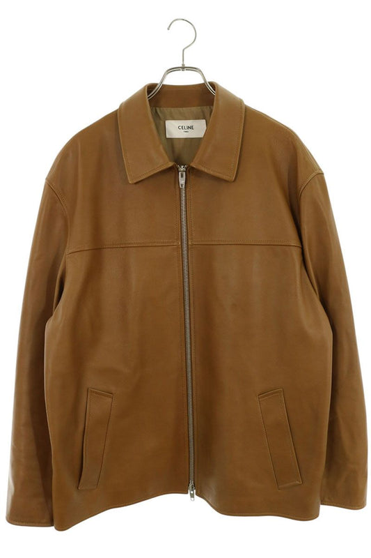 CELINE Plongé Lambskin Zip Single Jacket Brown Size 50
